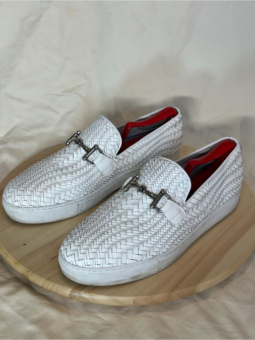 Men's White Woven Leather Slip-On Loafers with Silver Bit